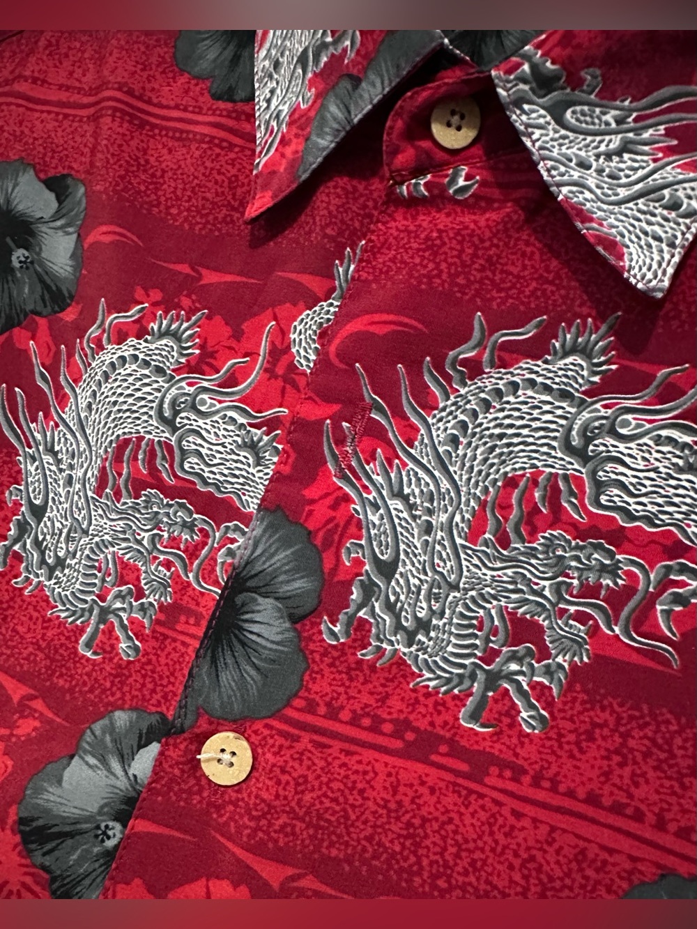 Dragons & Flowers Hawaiian Style Button Up Shirt - Picture 4 of 8